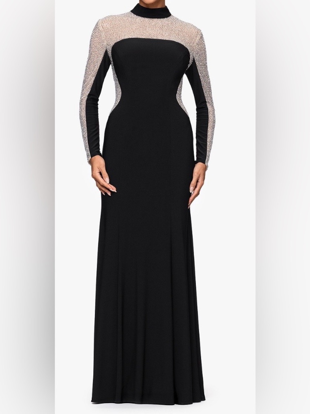 Xscape Black Maxi Gown with Silver Mesh Accents